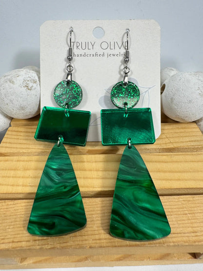 Truly Olive Green Marble and Glitter Acrylic Holiday Earrings - Earrings Dangle Earrings