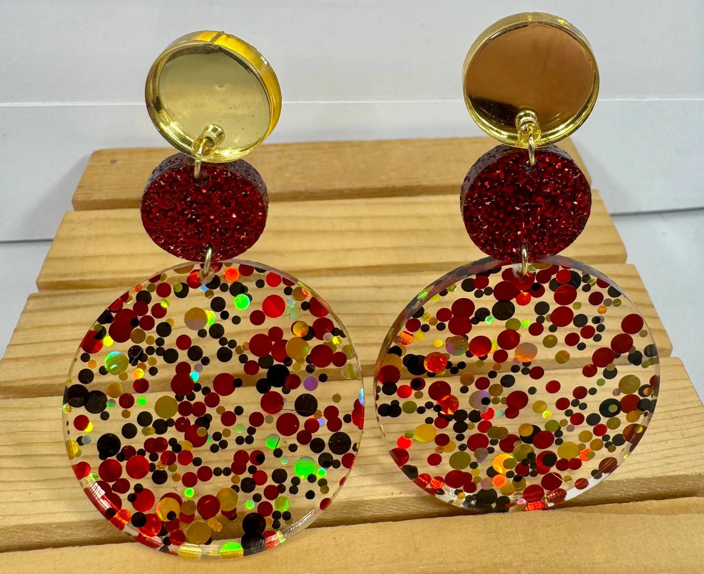 Truly Olive Tiered Red and Gold Confetti Acrylic Earrings - Earrings Dangle Earrings