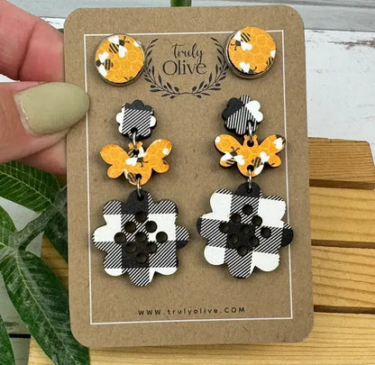 Truly Olive Buffalo Plaid Bumble Bee Earrings - Earrings Dangle Earrings