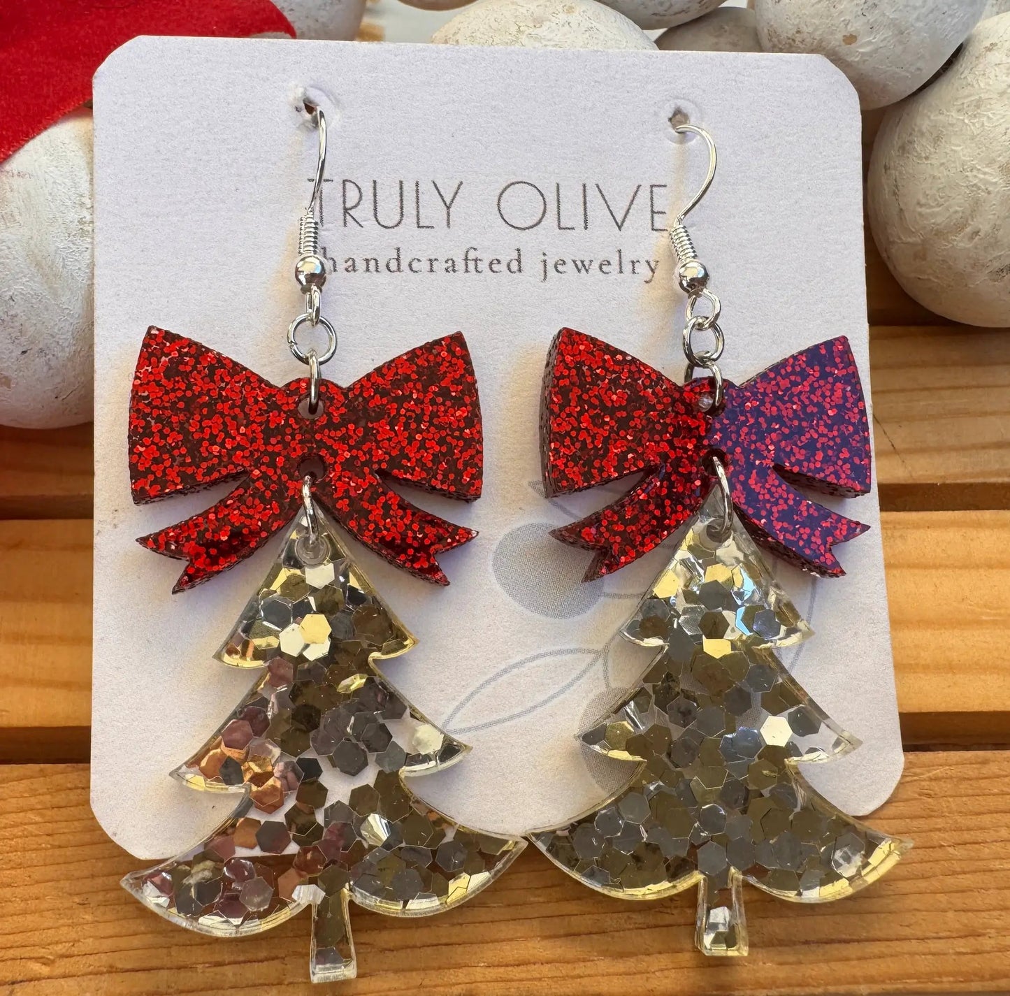 Truly Olive Confetti Glitter Christmas Trees With Red Bow - Earrings Dangle Earrings