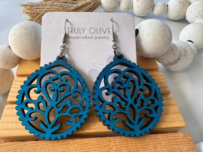 Truly Olive Intricate Wood Earrings - Earrings Dangle Earrings