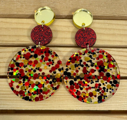 Truly Olive Tiered Red and Gold Confetti Acrylic Earrings - Earrings Dangle Earrings