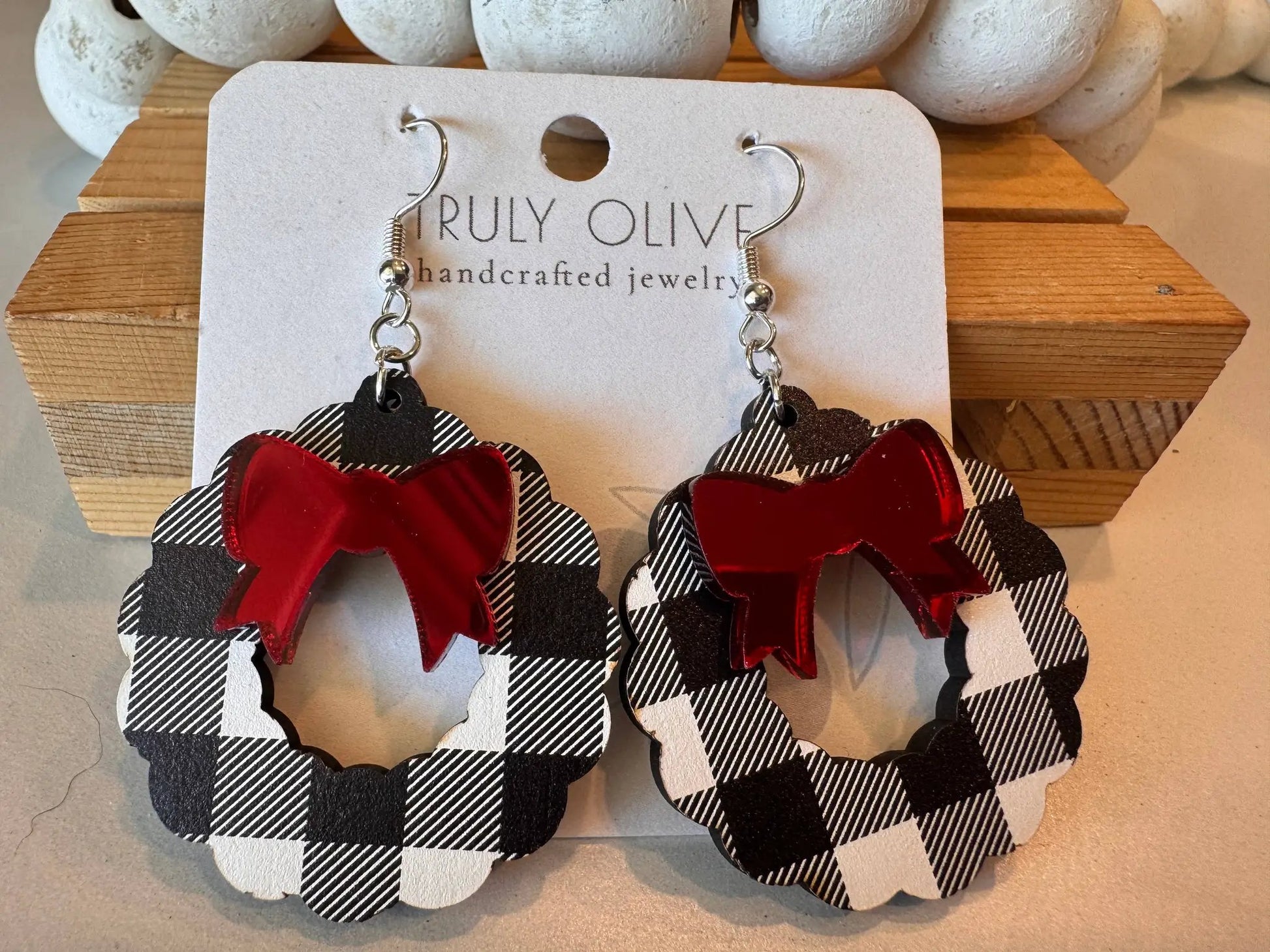 Truly Olive Black and White Buffalo Plaid Christmas Wreath Earrings - Earrings Dangle Earrings