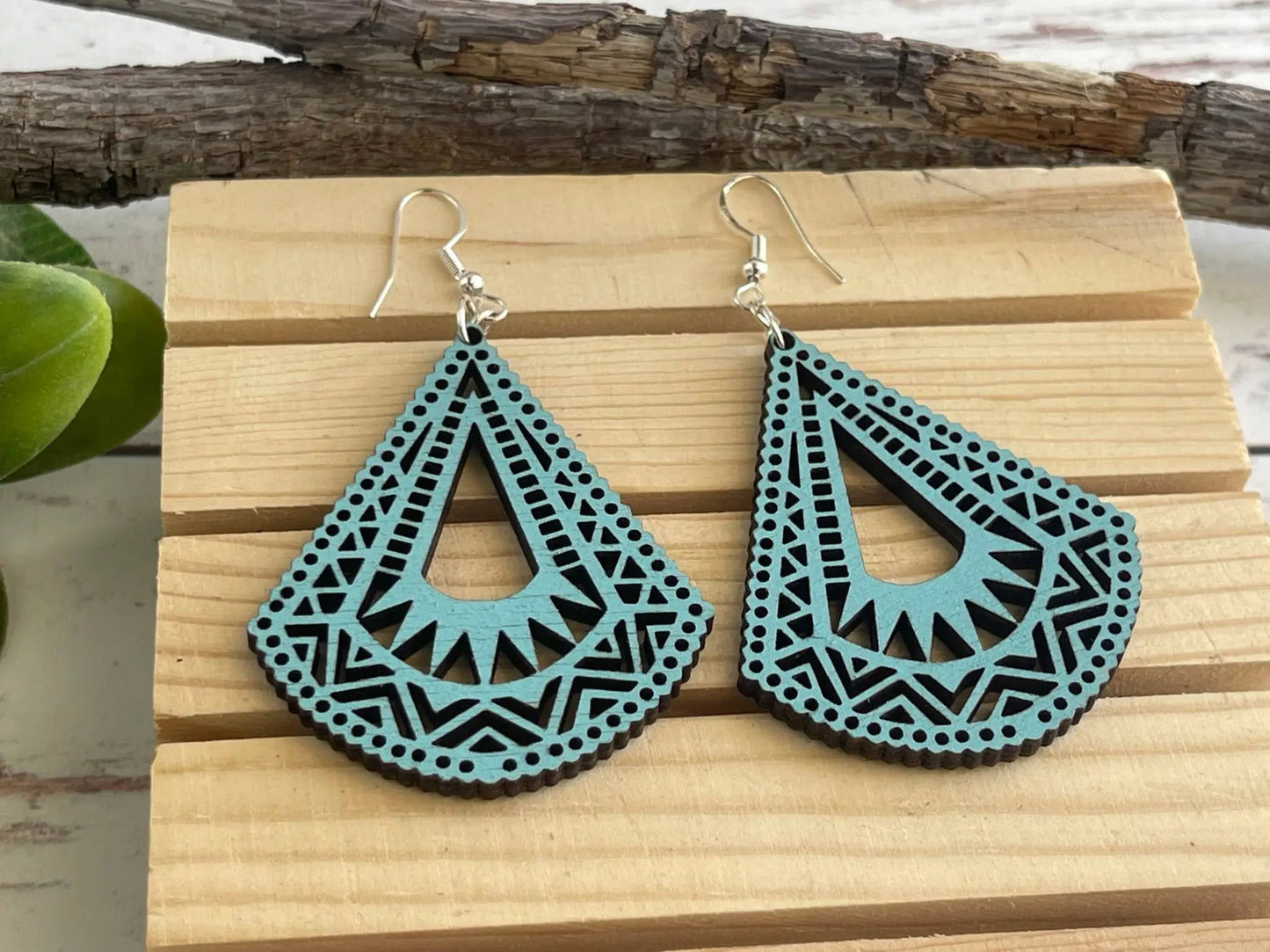 Truly Olive Lightweight Wood Mandala Earrings - Half Bell Shape - Earrings Dangle Earrings
