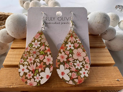 Truly Olive Pink Sparkle Flower Pattern Acrylic Earrings - Earrings Dangle Earrings