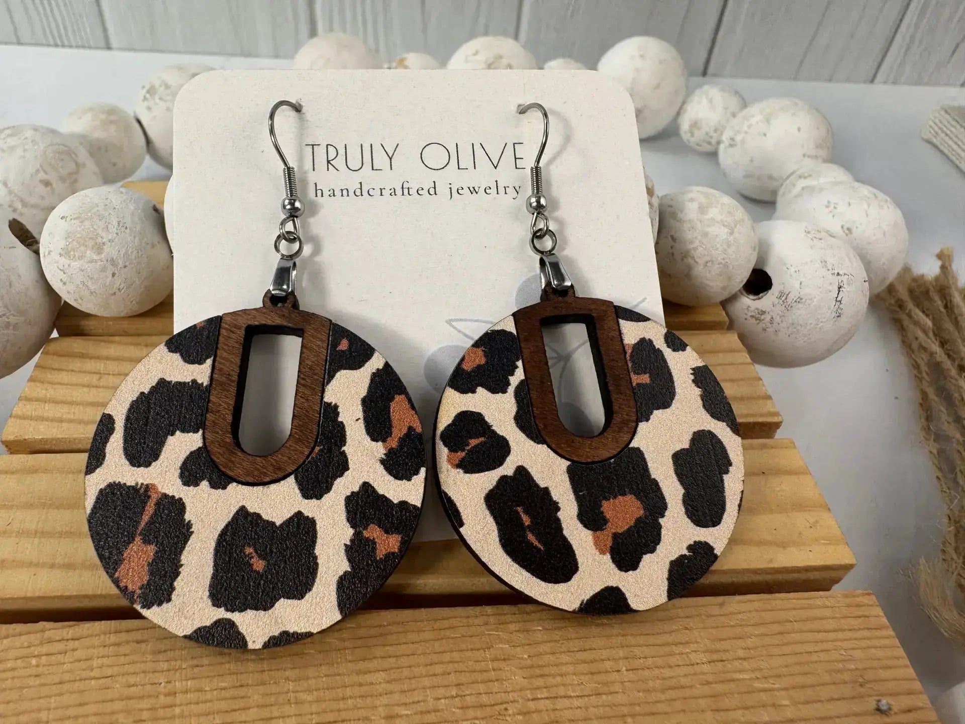 Truly Olive Leopard Pattern Wood Earrings - Earrings Dangle Earrings