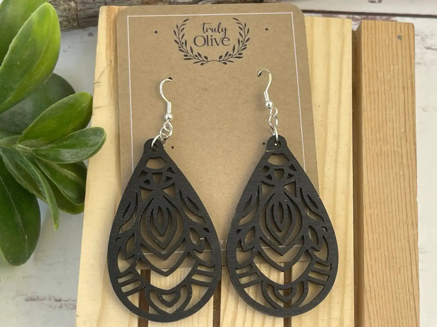 Truly Olive Mandala Wood Earrings - Earrings Dangle Earrings
