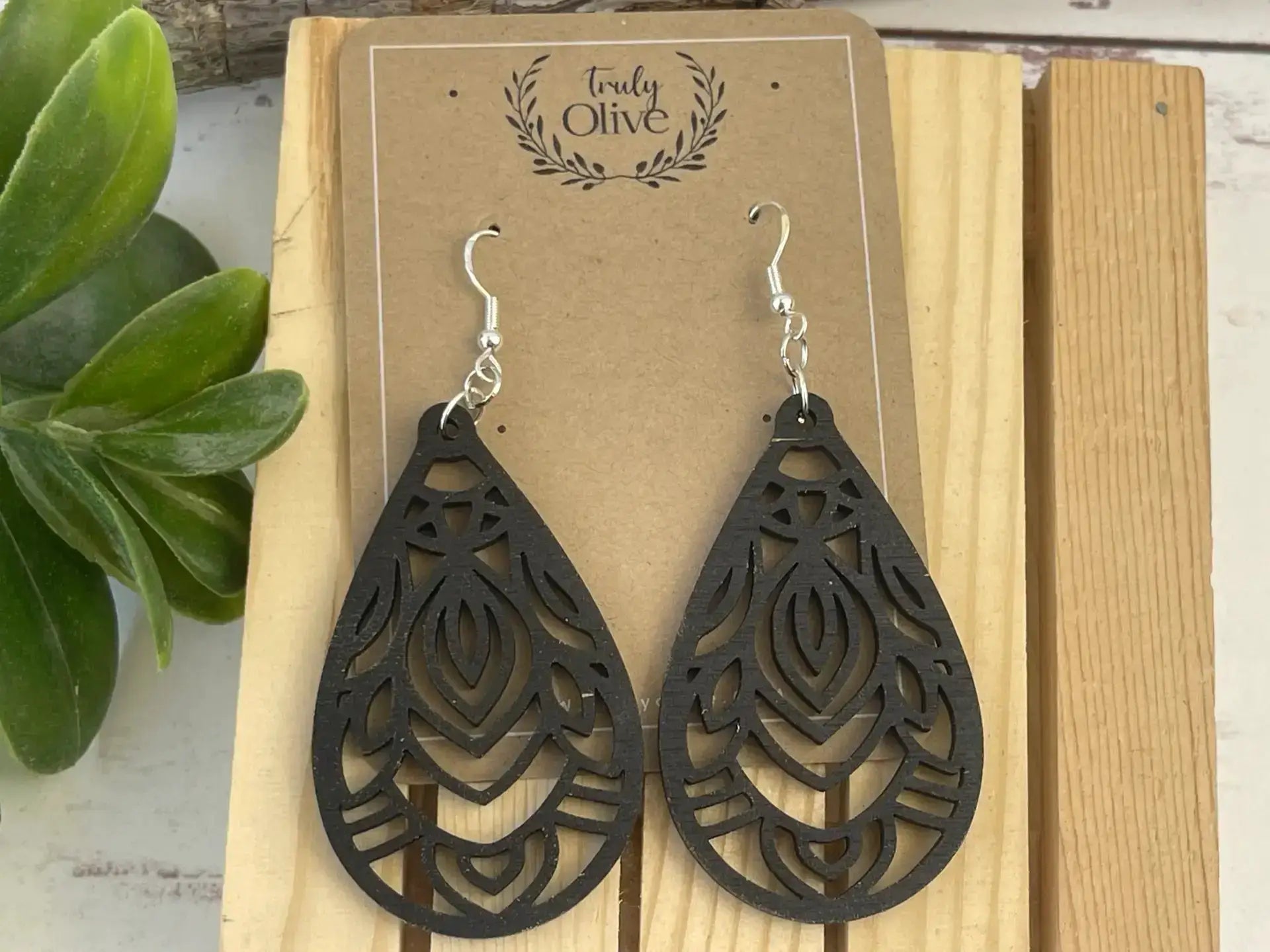 Truly Olive Mandala Wood Earrings - Earrings Dangle Earrings