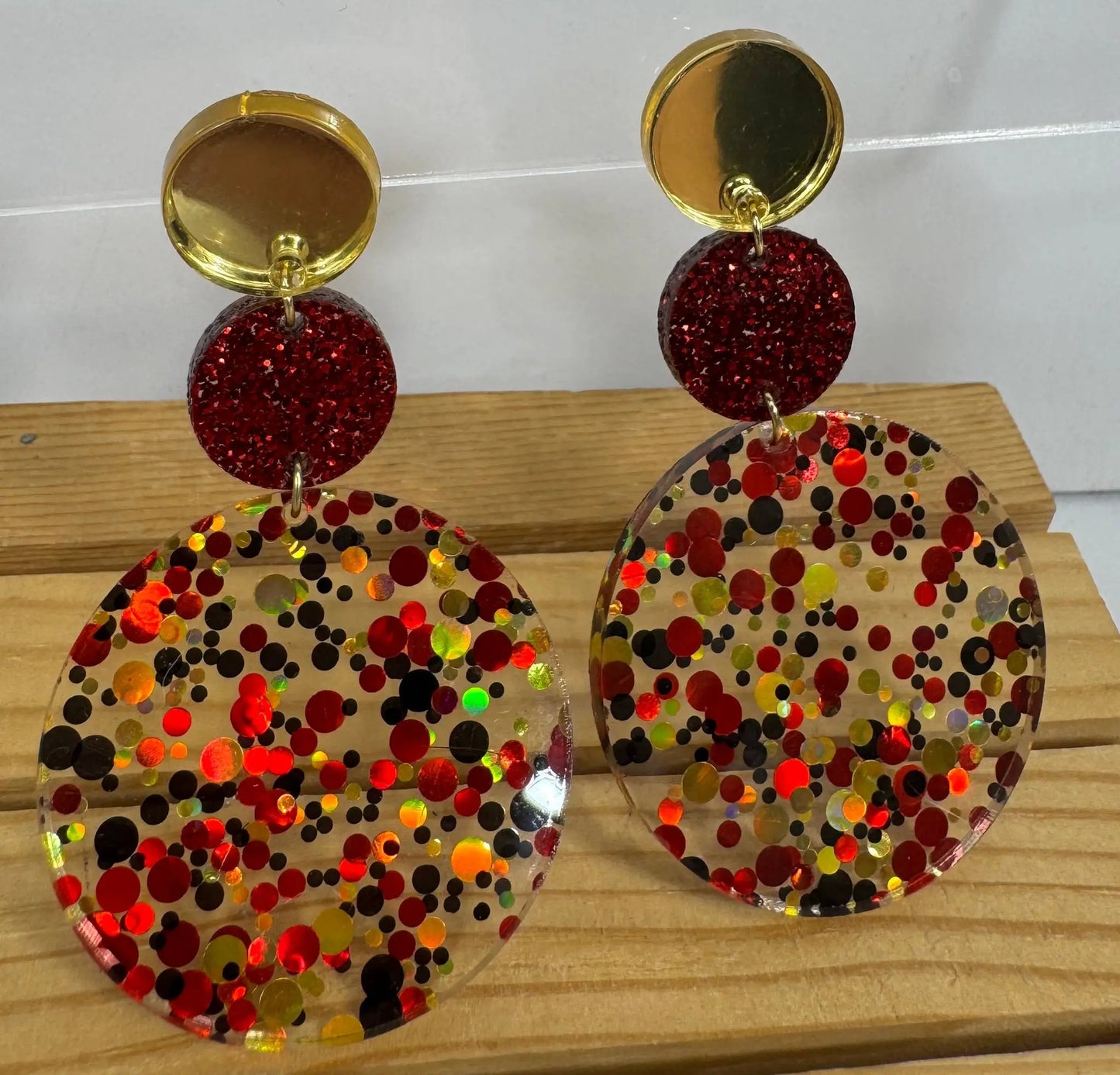 Truly Olive Tiered Red and Gold Confetti Acrylic Earrings - Earrings Dangle Earrings