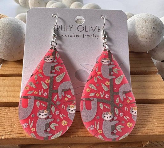 Truly Olive Adorable Pink Acrylic Sloth Earrings - Earrings Dangle Earrings