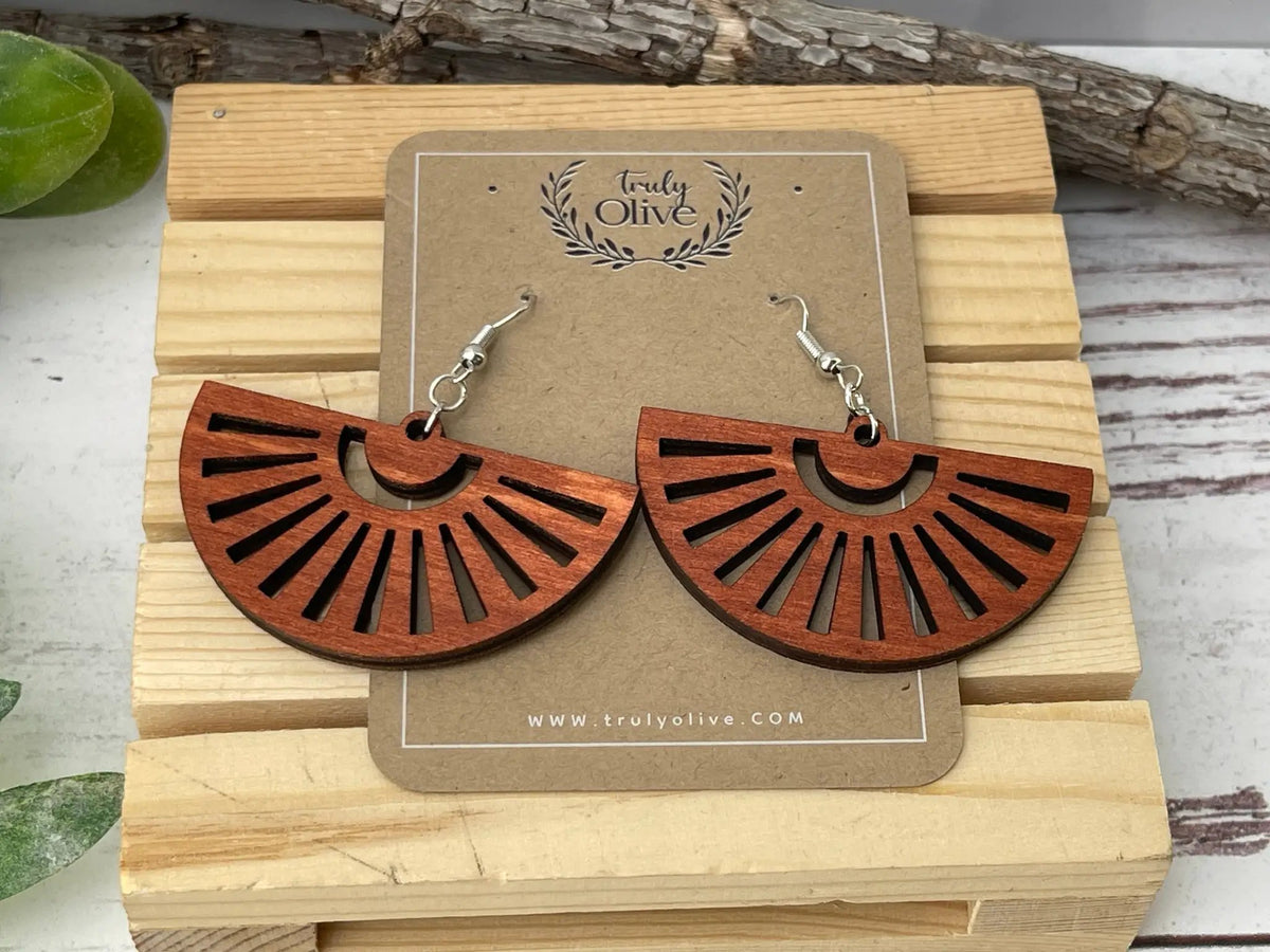 Truly Olive Fan Shape Wood Earrings - Earrings Dangle Earrings