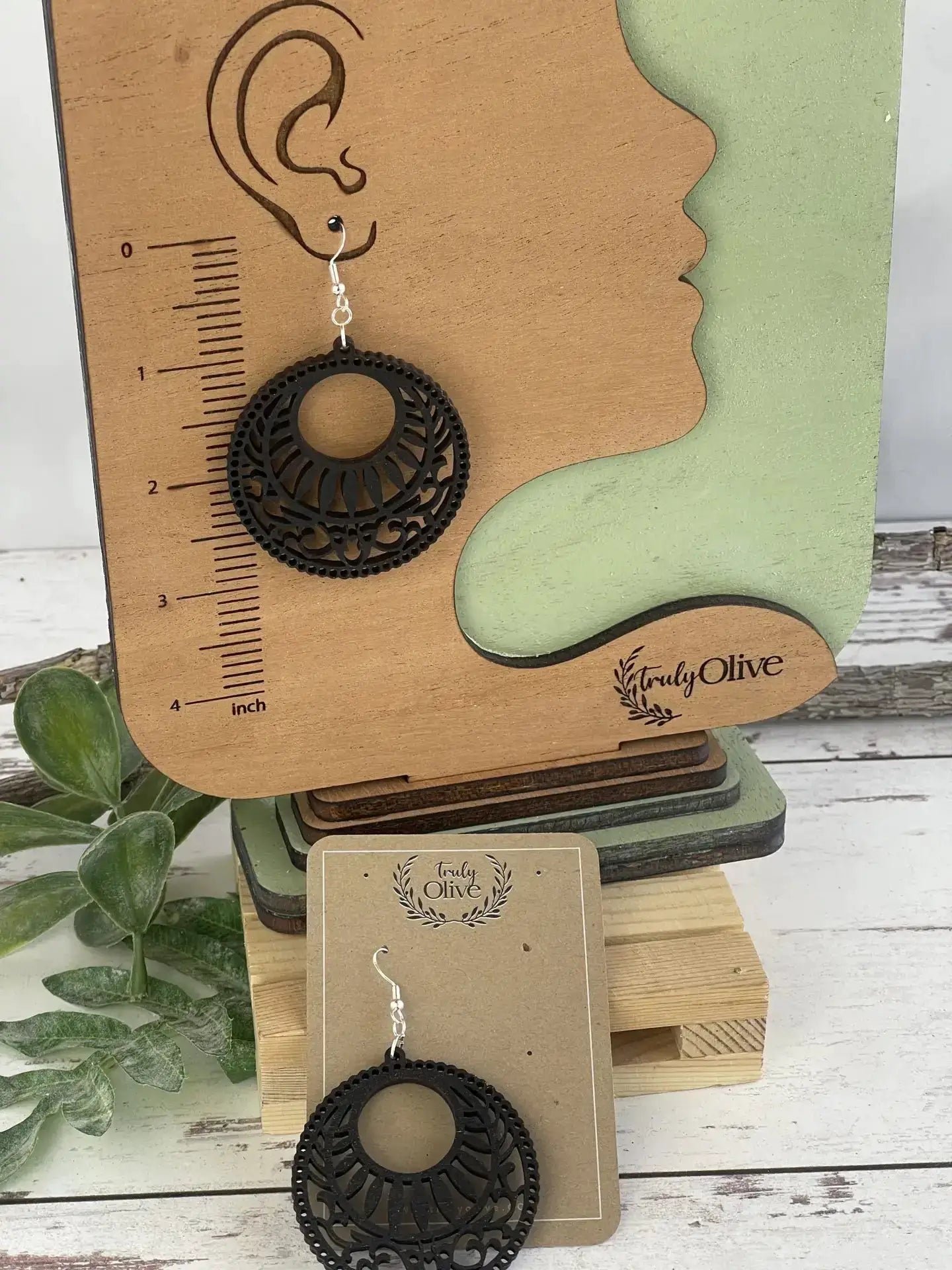 Truly Olive Lightweight Circle Wood Mandala Earrings - Earrings Dangle Earrings