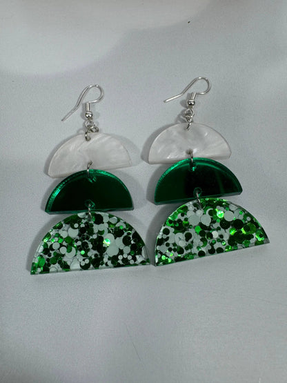 Truly Olive Green and White Sparkly Acrylic Christmas Earrings - Earrings Dangle Earrings