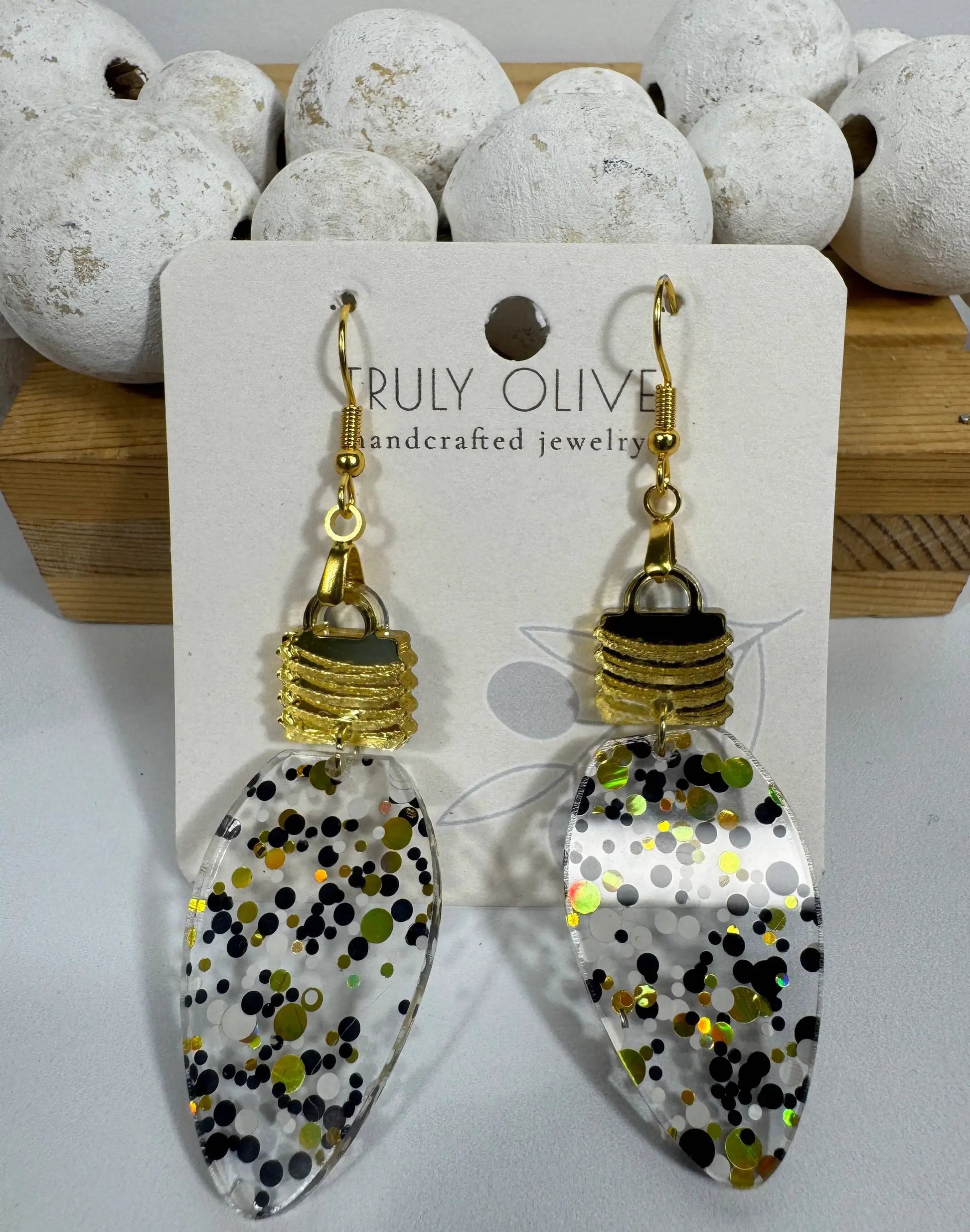 Truly Olive Cute Gold Black and White Christmas Lightbulb Earrings - Earrings Dangle Earrings