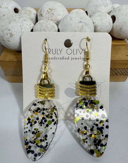 Truly Olive Cute Gold Black and White Christmas Lightbulb Earrings - Earrings Dangle Earrings