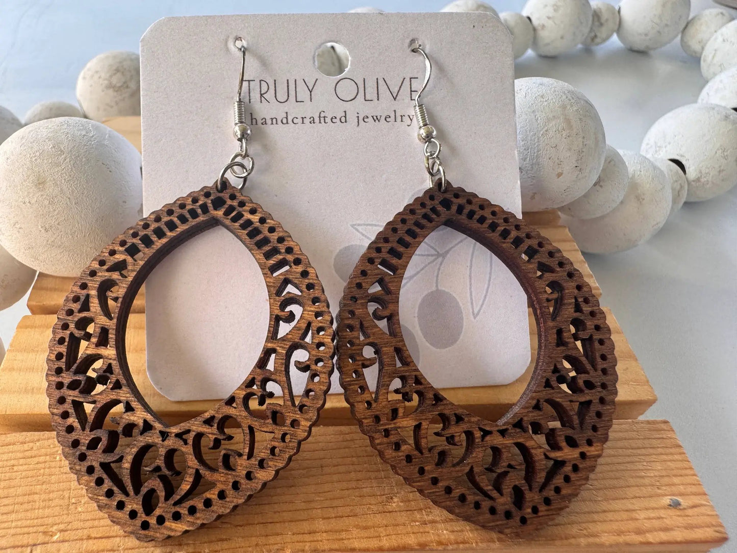 Truly Olive Stunning Wood Mandala Earrings in Unique Oval Shape - Earrings Dangle Earrings
