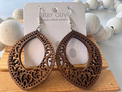 Truly Olive Stunning Wood Mandala Earrings in Unique Oval Shape - Earrings Dangle Earrings
