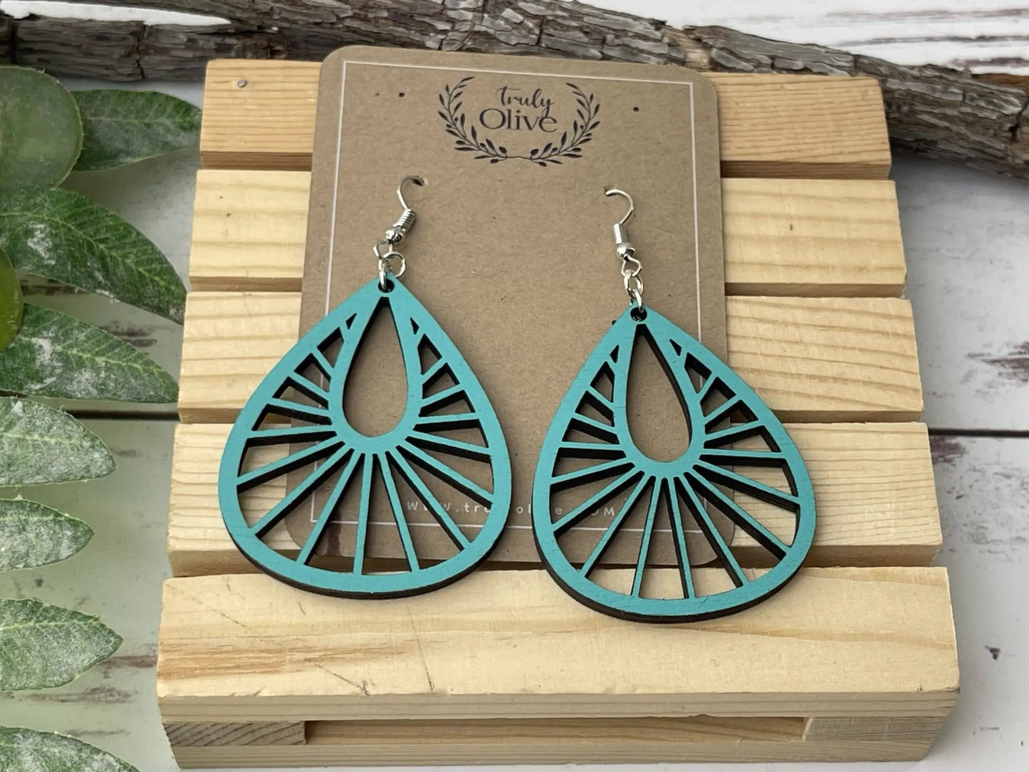 Truly Olive Teardrop Wood Mandala Earrings in a Unique Fanned Out Shape - Earrings Dangle Earrings