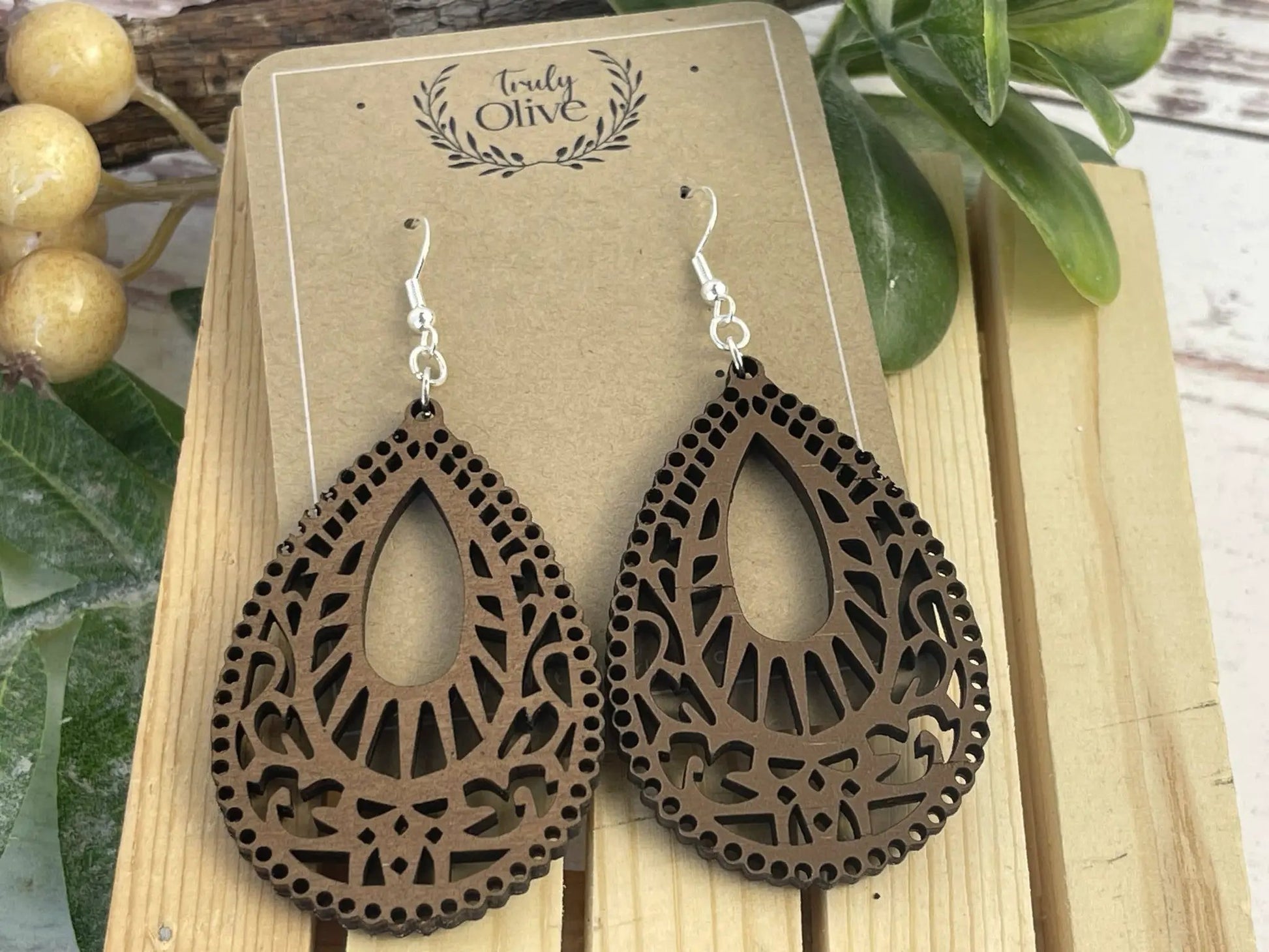 Truly Olive Teardrop Shape Wood Mandala Earrings - Earrings Dangle Earrings