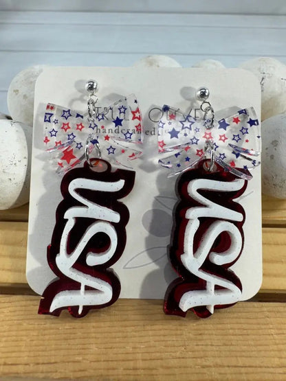 Truly Olive Patriotic USA Bow Dangle Earrings - Earrings Dangle Earrings