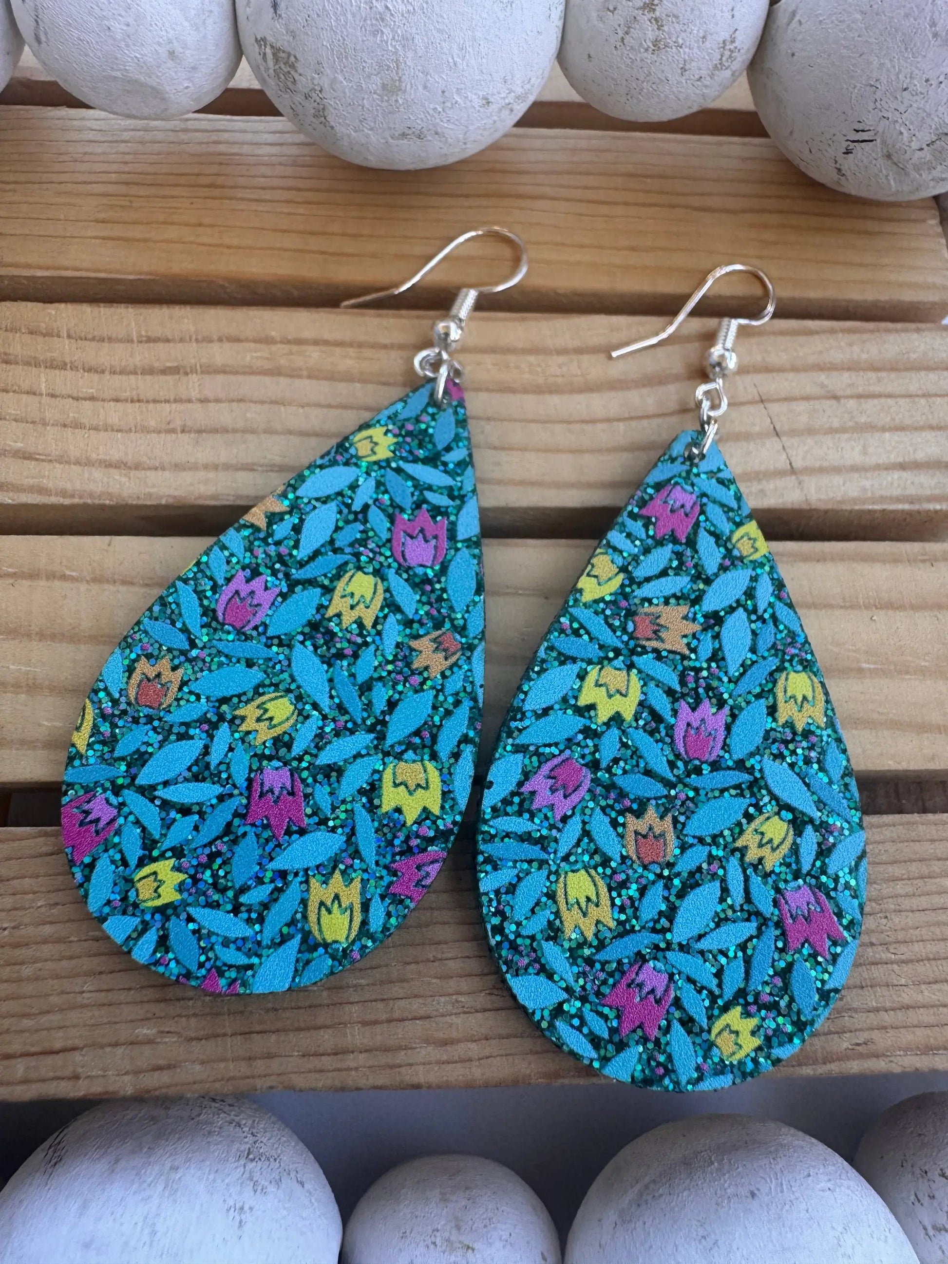 Truly Olive Blue Sparkle Flower Pattern Acrylic Earrings - Earrings Dangle Earrings