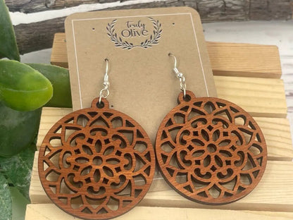 Truly Olive Wood Mandela Circle Shape Lightweight Earrings - Earrings Dangle Earrings