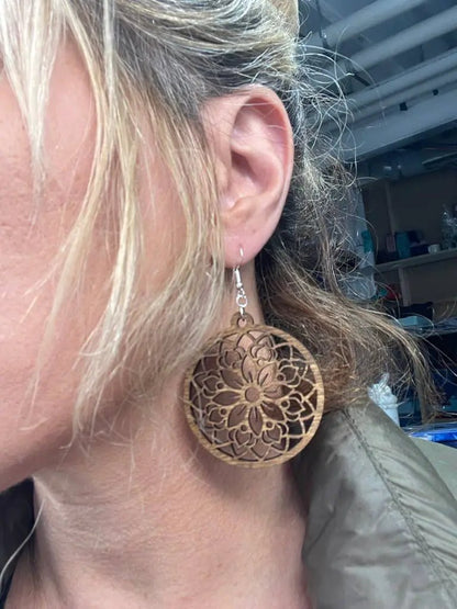 Truly Olive Circle Shape Lightweight Wood Mandala Earrings - Earrings Dangle Earrings