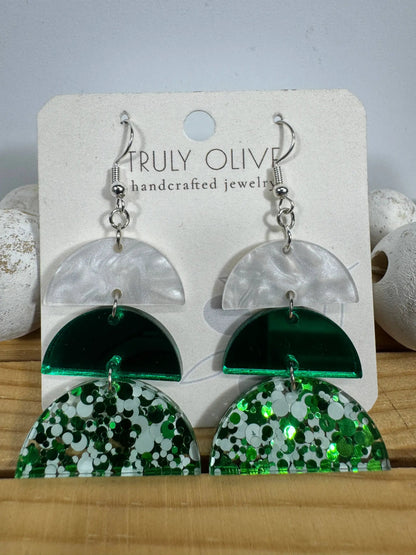 Truly Olive Green and White Sparkly Acrylic Christmas Earrings - Earrings Dangle Earrings