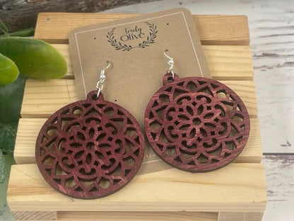 Truly Olive Wood Mandela Circle Shape Lightweight Earrings - Earrings Dangle Earrings