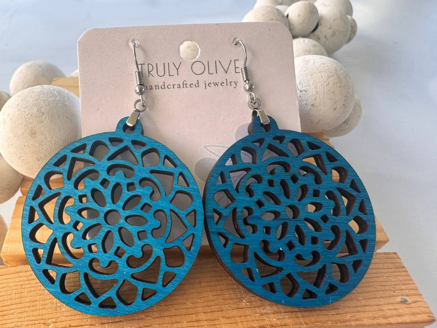 Truly Olive Wood Mandela Circle Shape Lightweight Earrings - Earrings Dangle Earrings