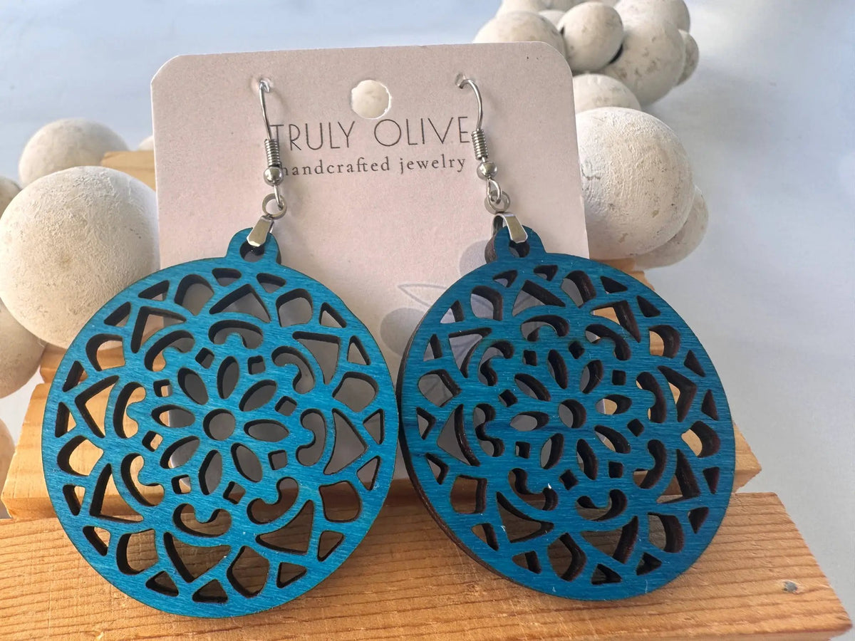 Truly Olive Wood Mandela Circle Shape Lightweight Earrings - Earrings Dangle Earrings