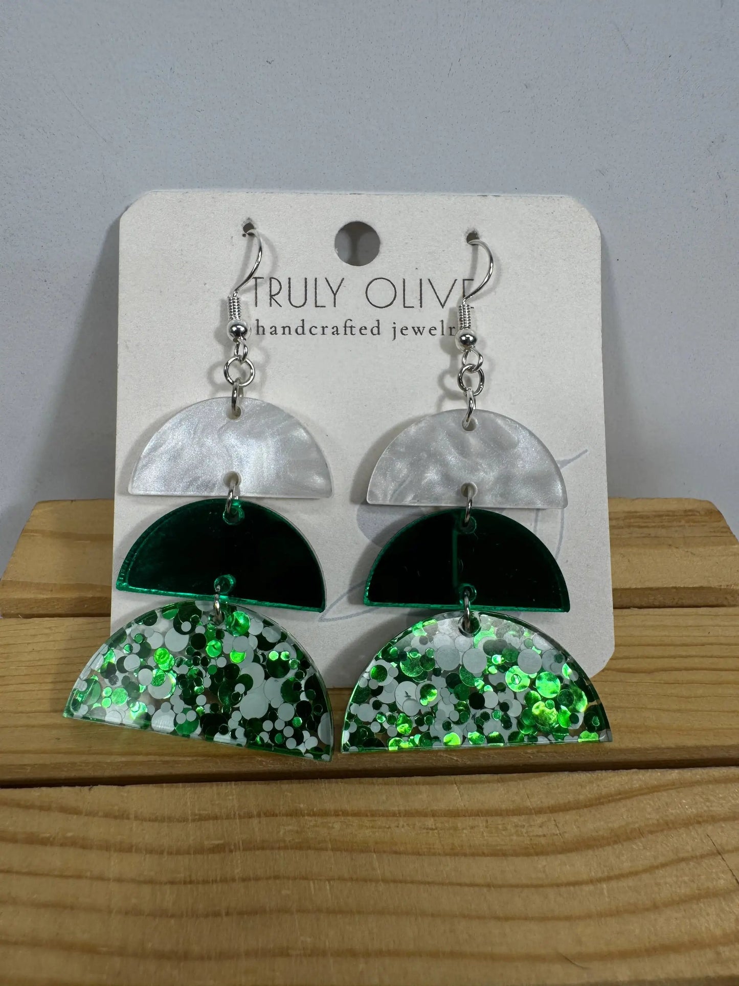 Truly Olive Green and White Sparkly Acrylic Christmas Earrings - Earrings Dangle Earrings