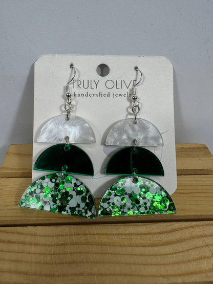 Truly Olive Green and White Sparkly Acrylic Christmas Earrings - Earrings Dangle Earrings