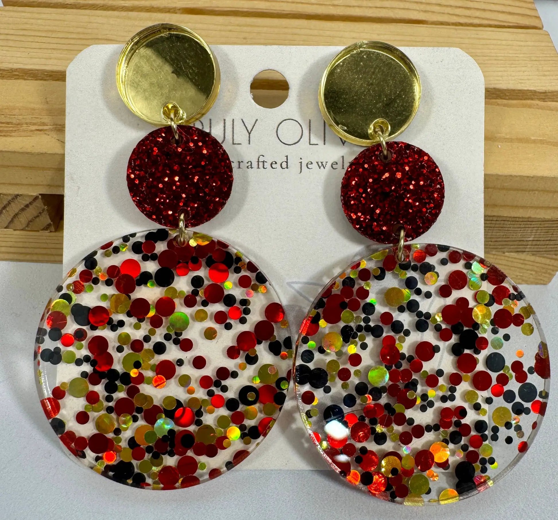 Truly Olive Tiered Red and Gold Confetti Acrylic Earrings - Earrings Dangle Earrings