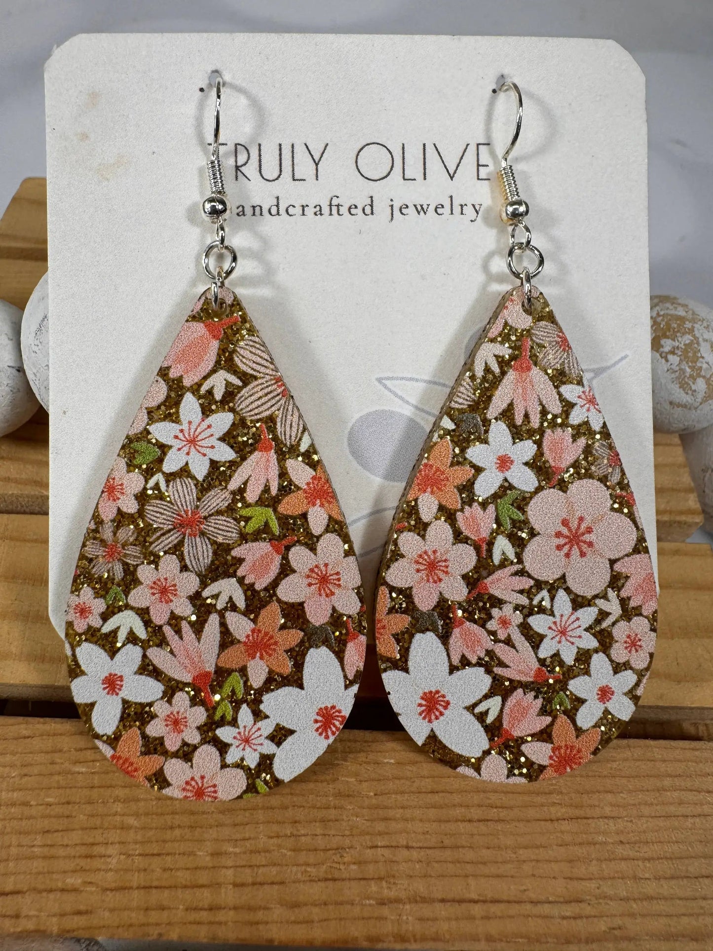 Truly Olive Pink Sparkle Flower Pattern Acrylic Earrings - Earrings Dangle Earrings
