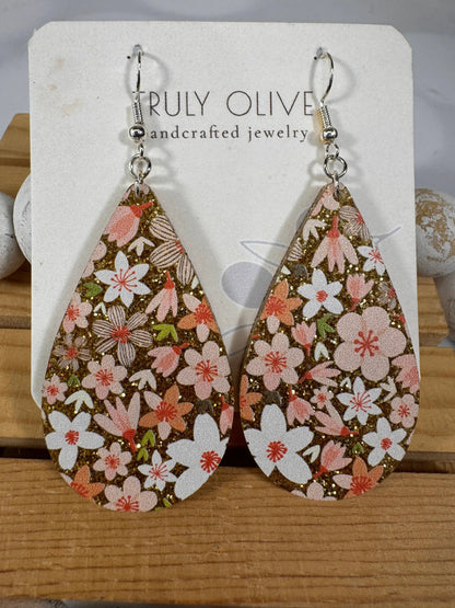 Truly Olive Pink Sparkle Flower Pattern Acrylic Earrings - Earrings Dangle Earrings