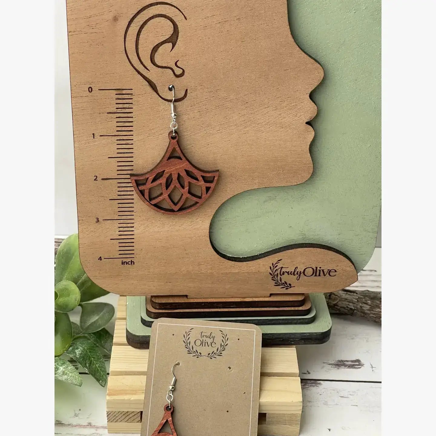 Truly Olive Fan Shape Lightweight Wood Earrings - Earrings Dangle Earrings