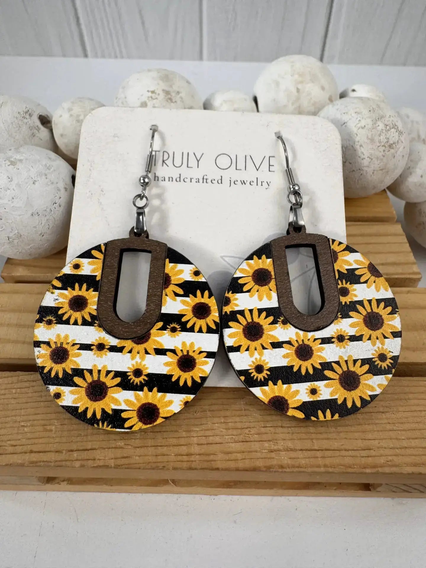 Truly Olive Sunflower Wood Pattern Earrings - Earrings Dangle Earrings