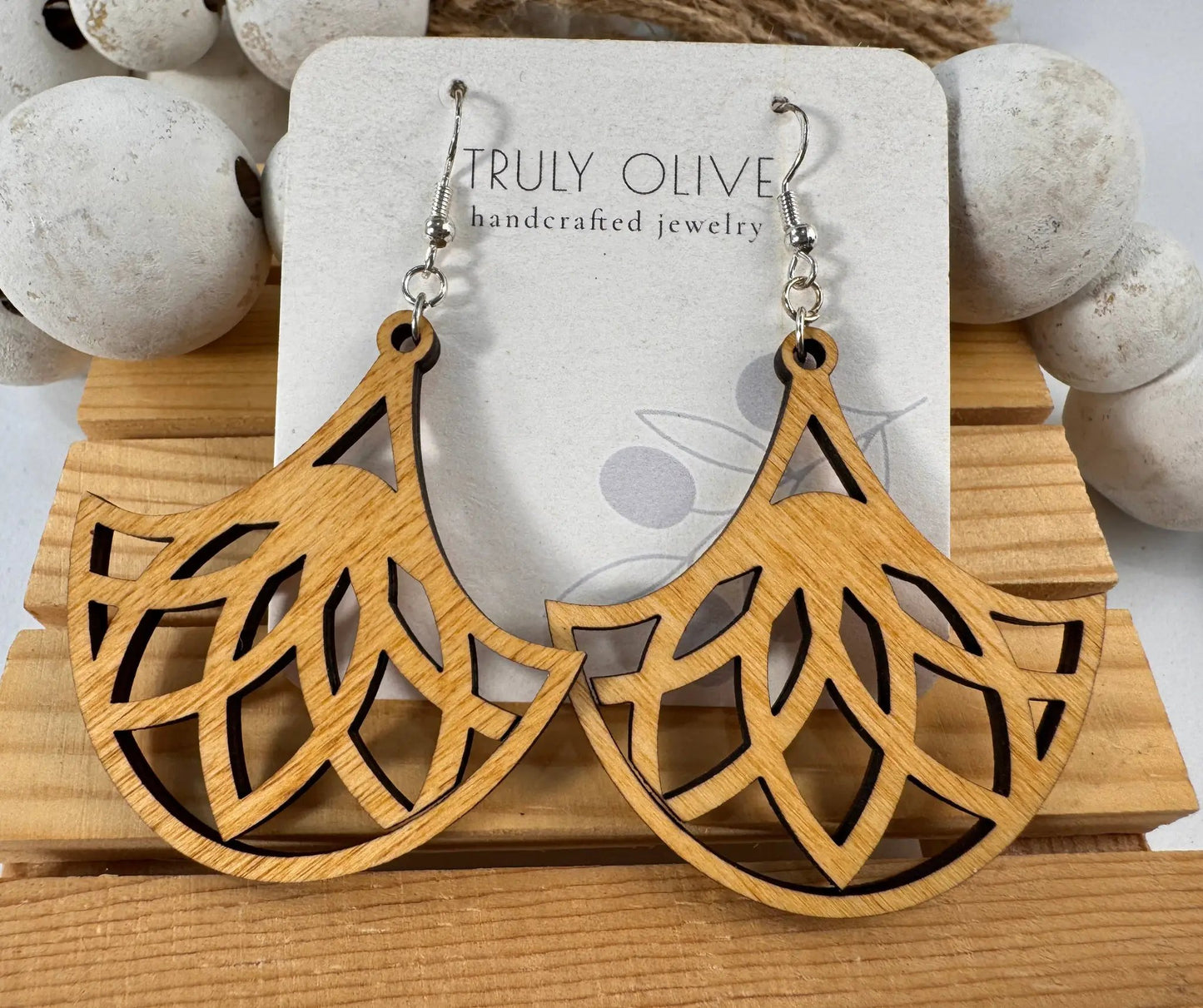 Truly Olive Fan Shape Lightweight Wood Earrings - Earrings Dangle Earrings