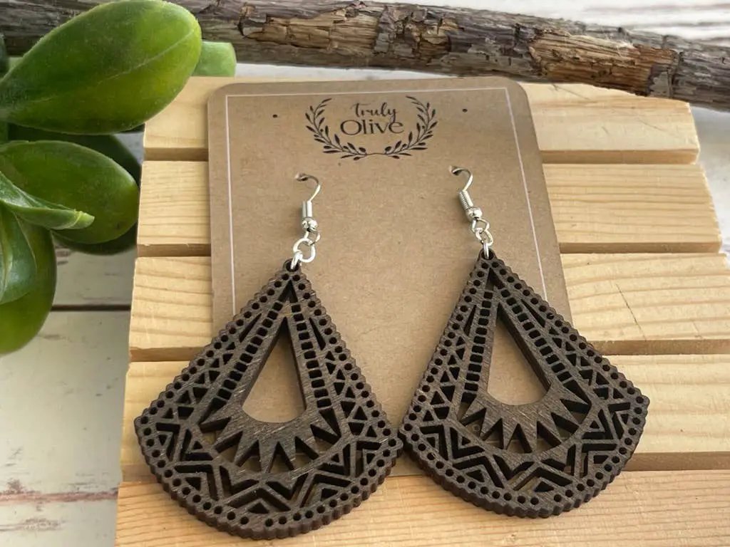 Truly Olive Lightweight Wood Mandala Earrings - Half Bell Shape - Earrings Dangle Earrings