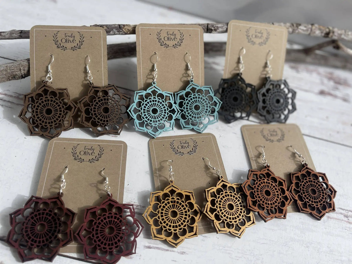 Truly Olive Introducing the Exquisite Lightweight Wood Mandala Earrings - Earrings Dangle Earrings