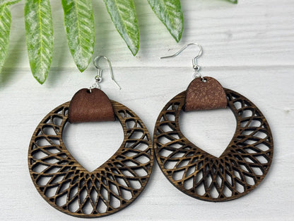 Truly Olive Filigree Natural Wood and Leather Lightweight Hoop Earrings - Earrings Dangle Earrings