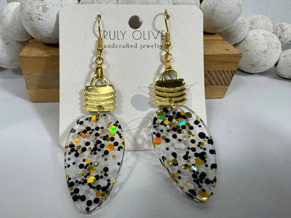 Truly Olive Cute Gold Black and White Christmas Lightbulb Earrings - Earrings Dangle Earrings