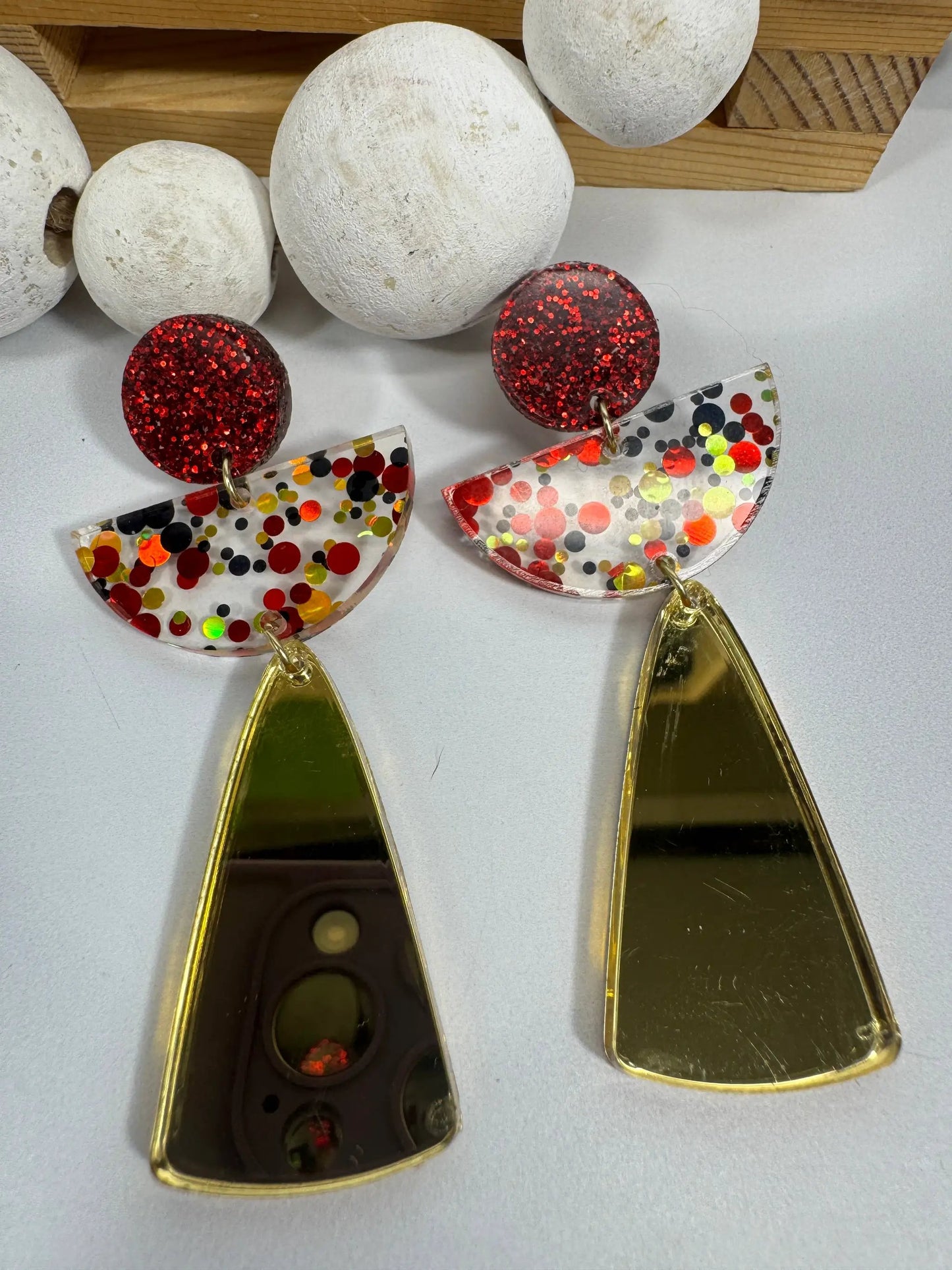 Truly Olive Red and Gold Angel Acrylic Confetti Holiday Earrings - Earrings Dangle Earrings