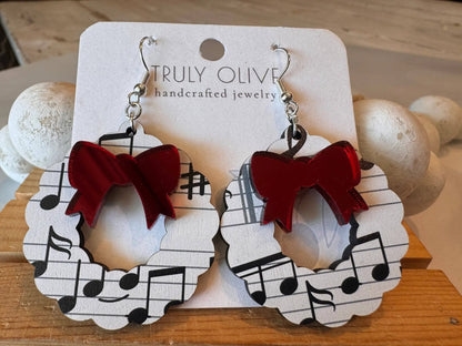 Truly Olive Music Notes Christmas Wreath Earrings - Earrings Dangle Earrings