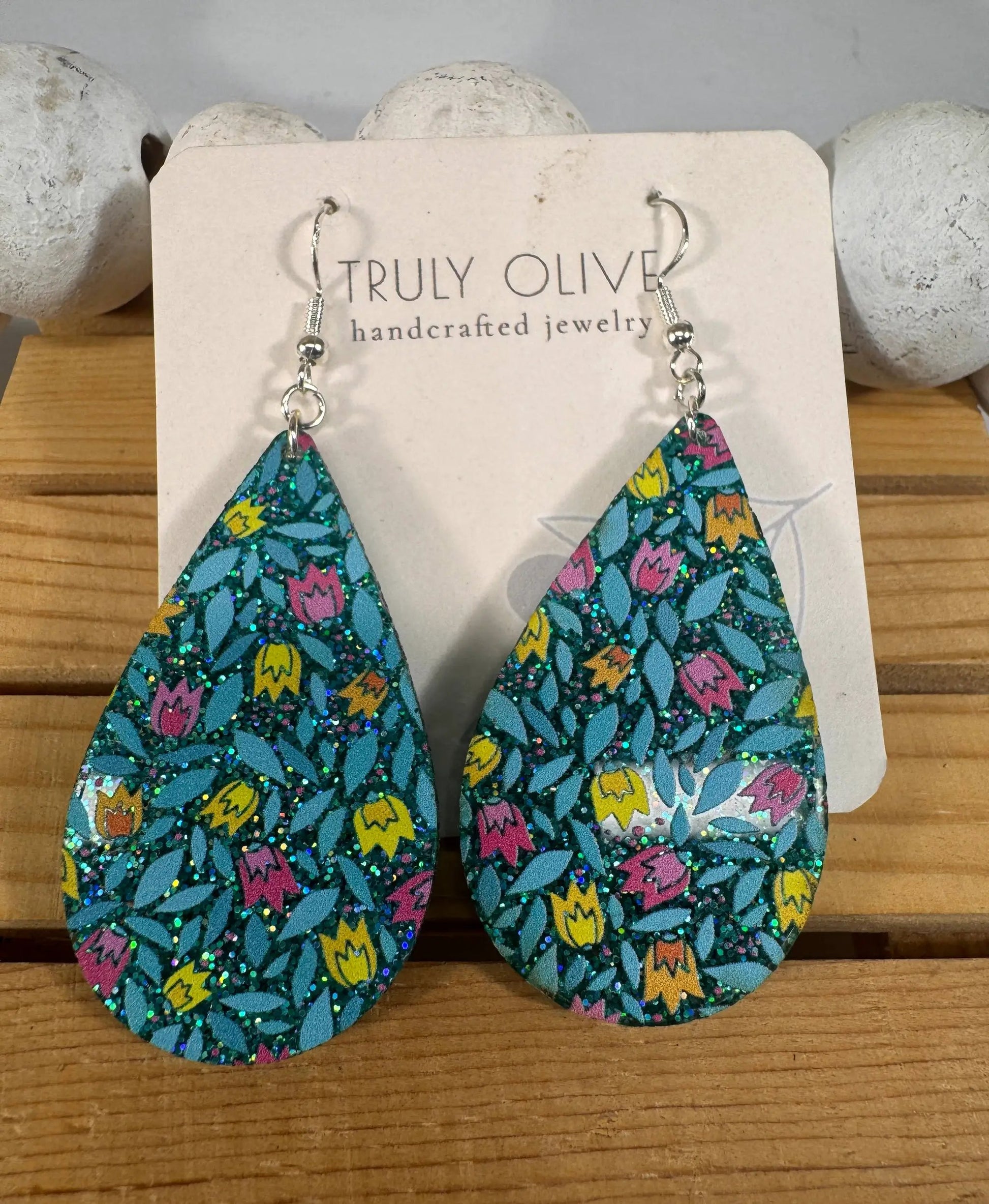 Truly Olive Blue Sparkle Flower Pattern Acrylic Earrings - Earrings Dangle Earrings