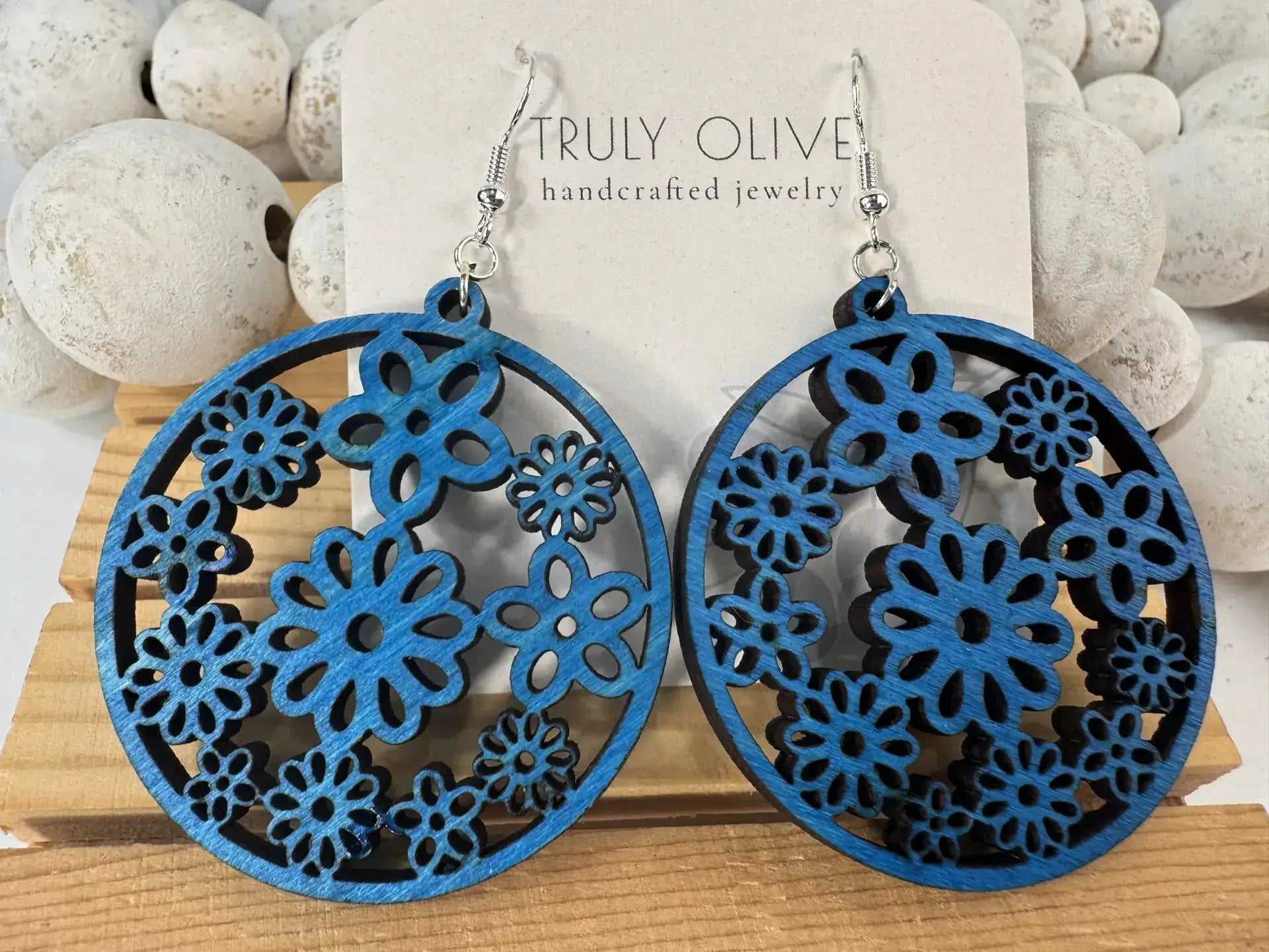 Truly Olive Groovy Flower Pattern Wood Earrings - Earrings Dangle Earrings