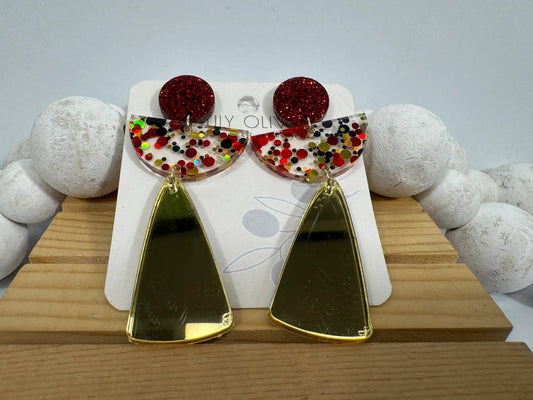 Truly Olive Red and Gold Angel Acrylic Confetti Holiday Earrings - Earrings Dangle Earrings