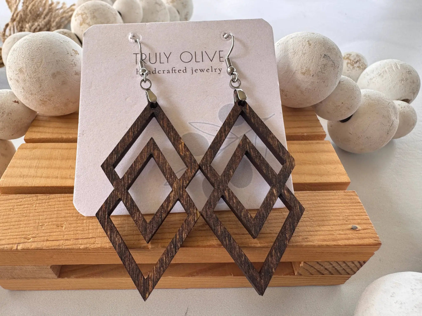 Truly Olive Antique Wood Connected Triangle Earrings - Earrings Dangle Earrings