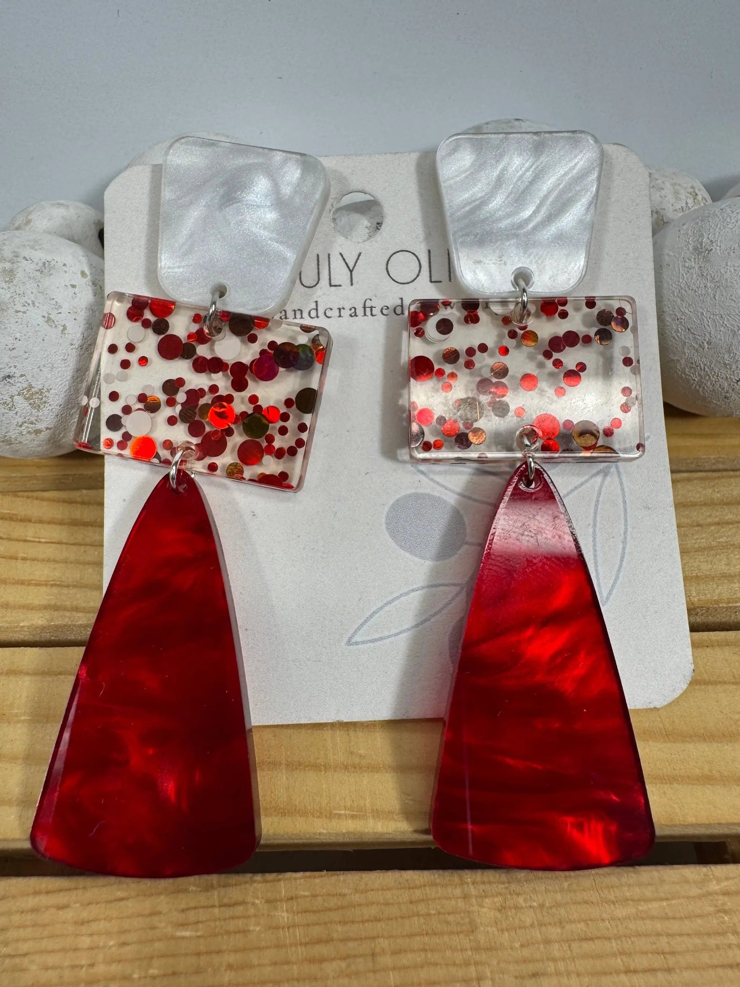 Truly Olive Red and White Long Dangle Holiday Earrings - Earrings Dangle Earrings